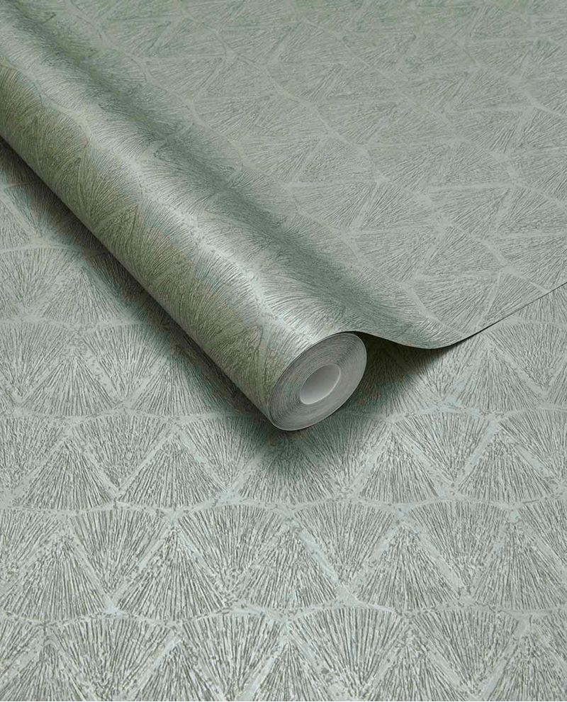 Fan Arch wallpaper by Eijffinger, flat roll swatch in soft sage green showing the fanned-arch geometric design