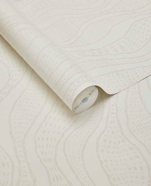 Soft Ogee wallpaper by Eijffinger, rolled swatch in white with a subtle wavy ogee line pattern and pearly stitched detail