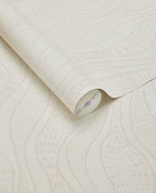 Soft Ogee wallpaper by Eijffinger, rolled swatch in white with a subtle wavy ogee line pattern and pearly stitched detail