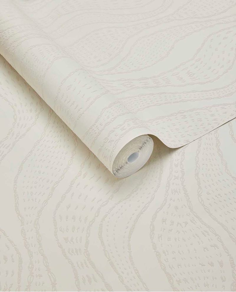 Soft Ogee wallpaper by Eijffinger, rolled swatch in white with a subtle wavy ogee line pattern and pearly stitched detail