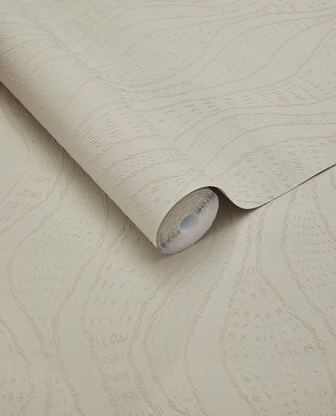 Soft Ogee wallpaper by Eijffinger, rolled swatch in soft greige with a tonal wavy ogee line motif