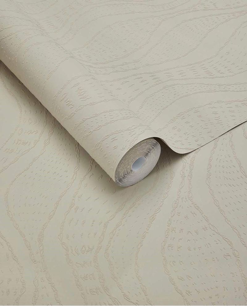 Soft Ogee wallpaper by Eijffinger, rolled swatch in soft greige with a tonal wavy ogee line motif