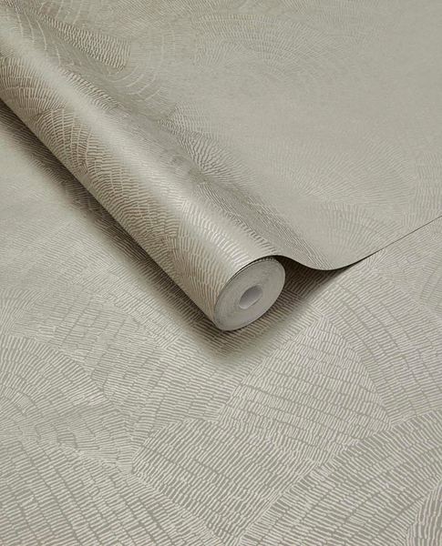 Scallop Fan wallpaper by Eijffinger, rolled swatch in warm greige showing the overlapping fanned scallop texture