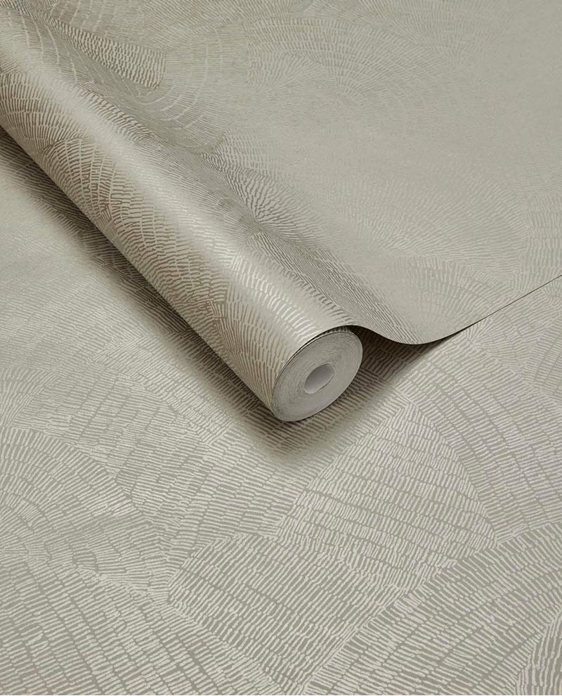 Scallop Fan wallpaper by Eijffinger, rolled swatch in warm greige showing the overlapping fanned scallop texture