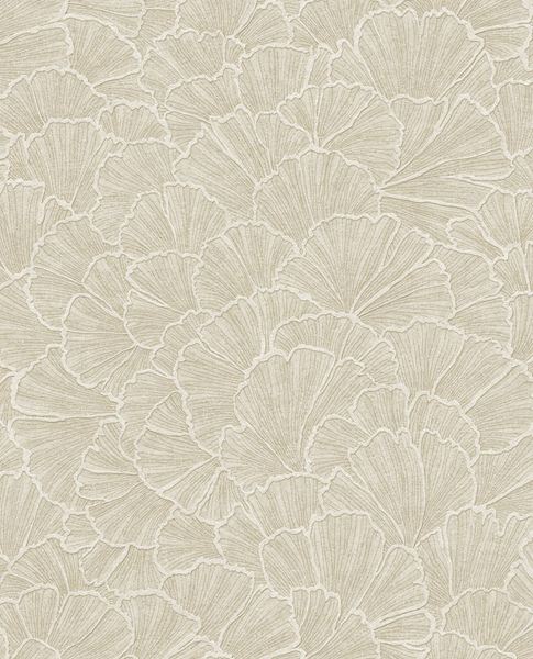 Ginkgo Fan wallpaper by Eijffinger, layered ginkgo leaf fan pattern in light olive sand, flat swatch