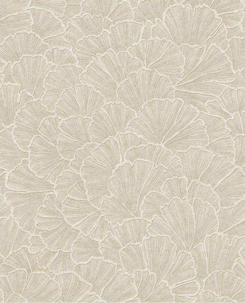 Ginkgo Fan wallpaper by Eijffinger, layered ginkgo leaf fan pattern in light olive sand, flat swatch