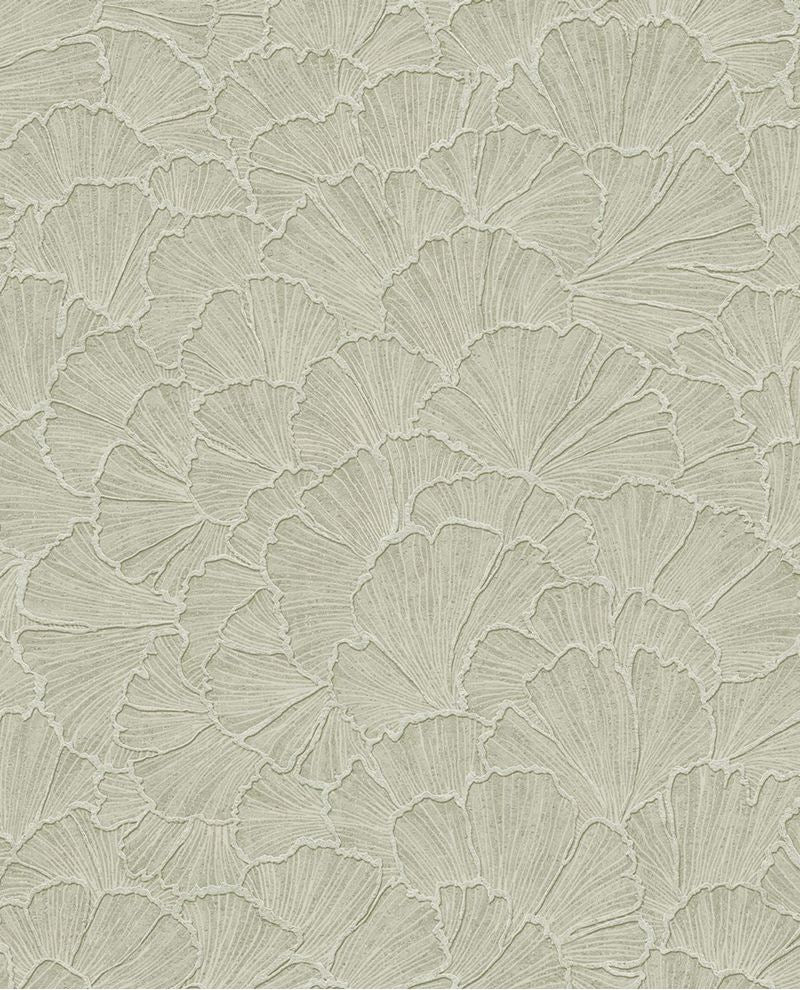 Ginkgo Fan wallpaper by Eijffinger, ginkgo leaf fan design in muted sage green, flat swatch