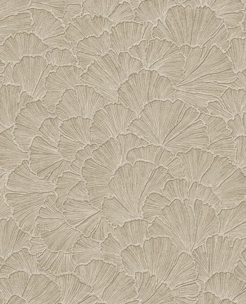 Ginkgo Fan wallpaper by Eijffinger, layered ginkgo fans in natural linen taupe, flat swatch