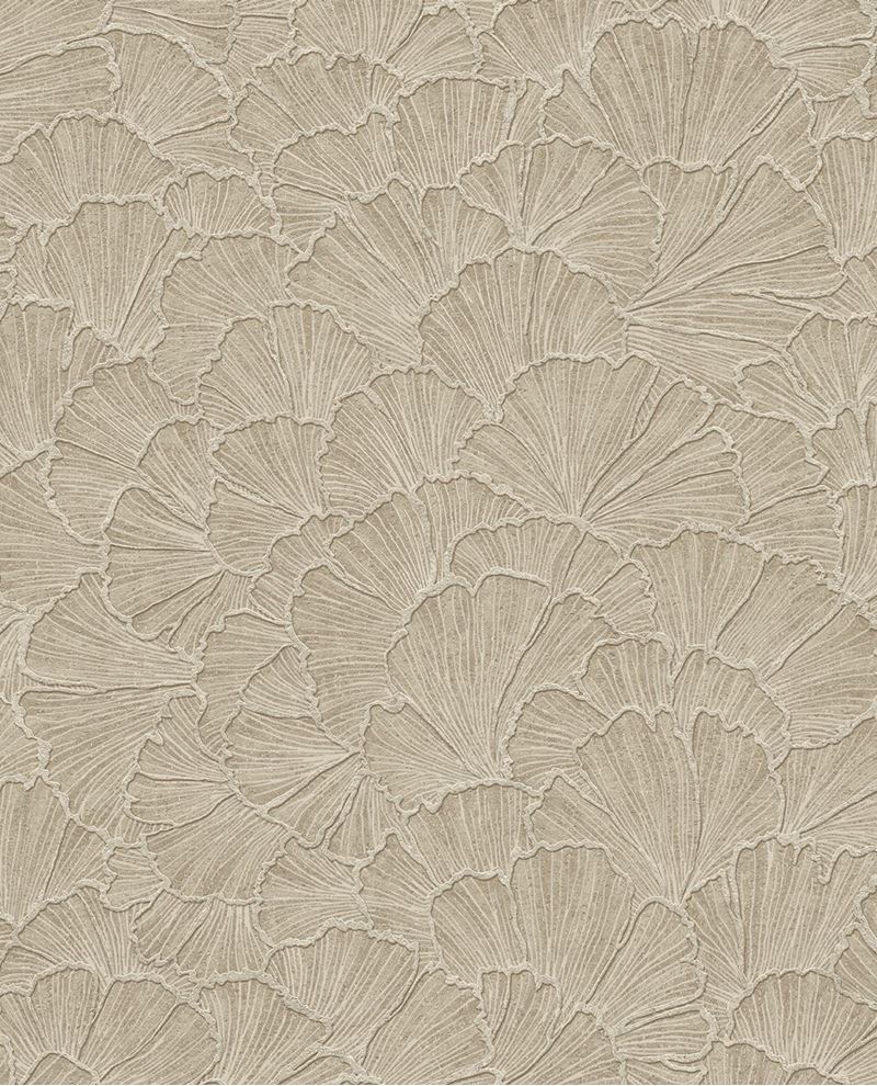 Ginkgo Fan wallpaper by Eijffinger, layered ginkgo fans in natural linen taupe, flat swatch