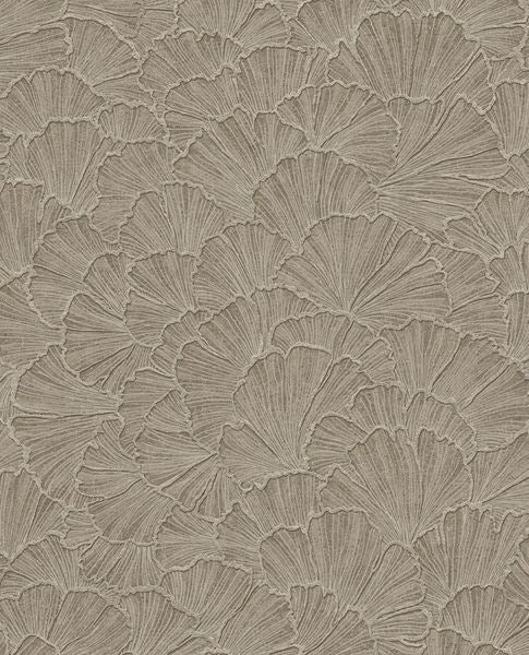 Ginkgo Fan wallpaper by Eijffinger, overlapping ginkgo leaf fans in deep greige mushroom, flat swatch