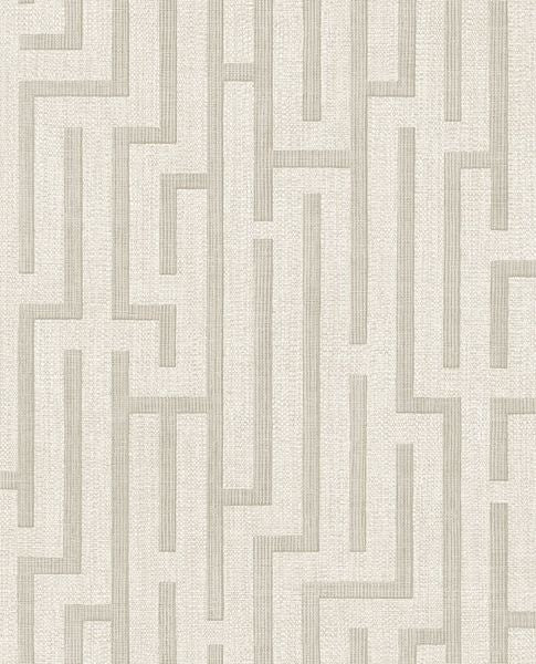 Maze wallpaper by Eijffinger, geometric maze fretwork lines on woven texture in soft cream grey, flat swatch