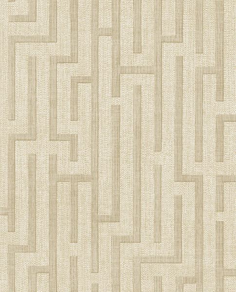 Maze wallpaper by Eijffinger, angular maze line pattern in warm beige on linen texture, flat swatch