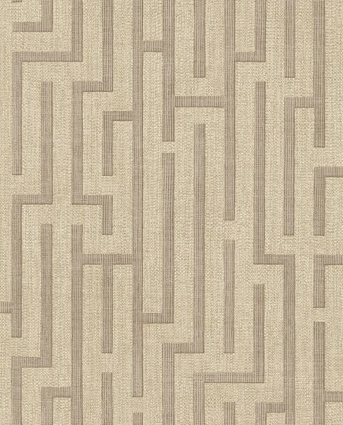 Maze wallpaper by Eijffinger, maze fretwork lines in taupe brown on textured weave, flat swatch