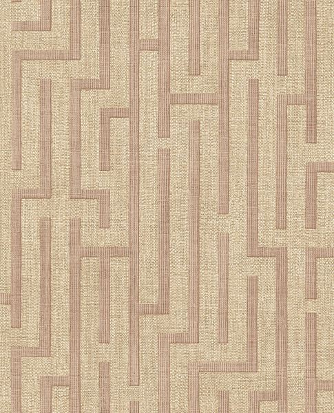 Maze wallpaper by Eijffinger, angular maze pattern in dusky rose pink on natural weave, flat swatch