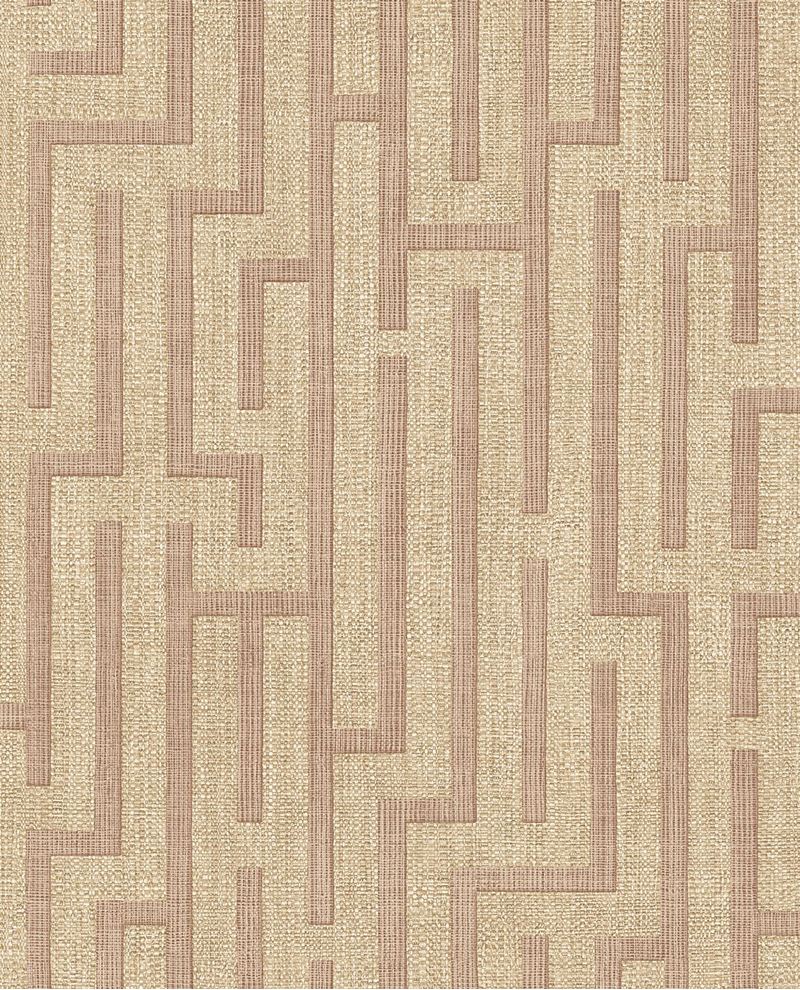 Maze wallpaper by Eijffinger, angular maze pattern in dusky rose pink on natural weave, flat swatch