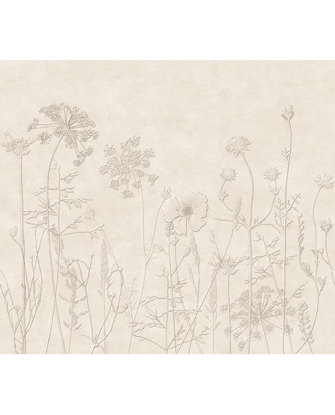 Wildflower Meadow wall mural by Eijffinger, hand-drawn meadow flowers and grasses on a soft cream plaster background