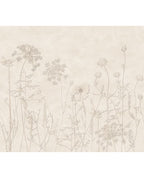 Wildflower Meadow wall mural by Eijffinger, hand-drawn meadow flowers and grasses on a soft cream plaster background
