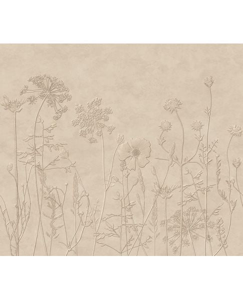Wildflower Meadow wall mural by Eijffinger, sketched wildflowers and seed heads on a warm sandy beige ground