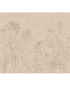 Wildflower Meadow wall mural by Eijffinger, sketched wildflowers and seed heads on a warm sandy beige ground