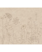 Wildflower Meadow wall mural by Eijffinger, sketched wildflowers and seed heads on a warm sandy beige ground