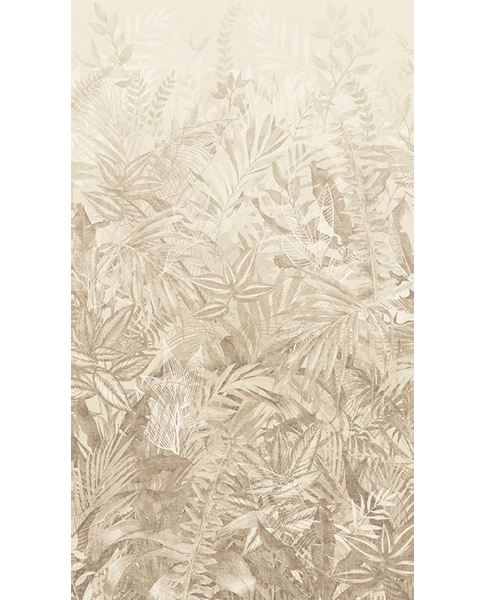 Botanical Grove wall mural by Eijffinger, layered ferns and palm leaves fading from cream to warm beige, portrait crop