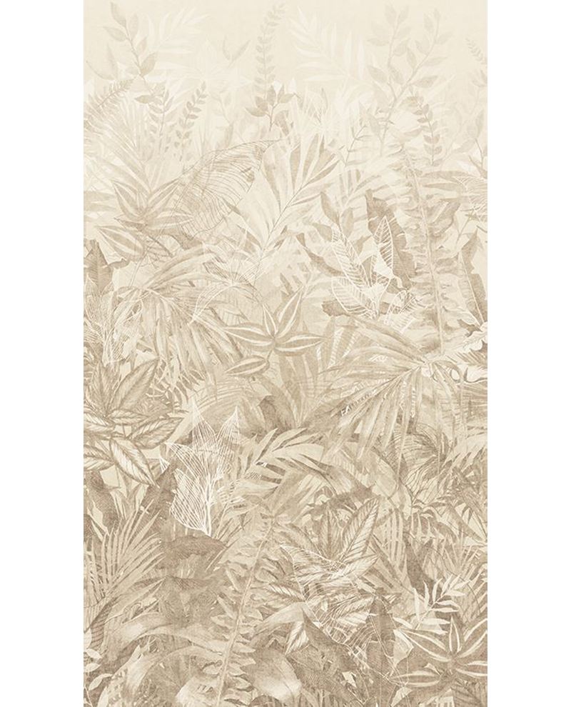 Botanical Grove wall mural by Eijffinger, layered ferns and palm leaves fading from cream to warm beige, portrait crop