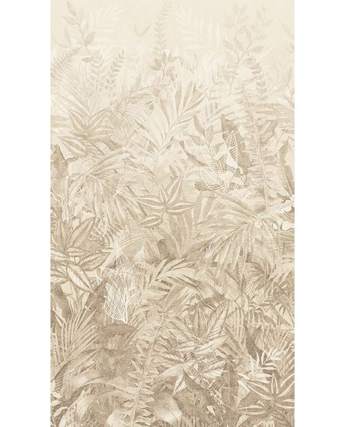 Botanical Grove wall mural by Eijffinger, layered ferns and palm leaves fading from cream to warm beige, portrait crop