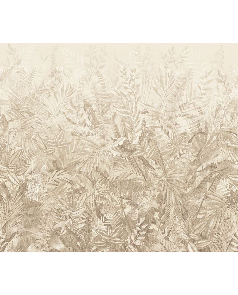 Botanical Grove wall mural by Eijffinger, dense fern and foliage panel in soft beige with a fading ombre effect
