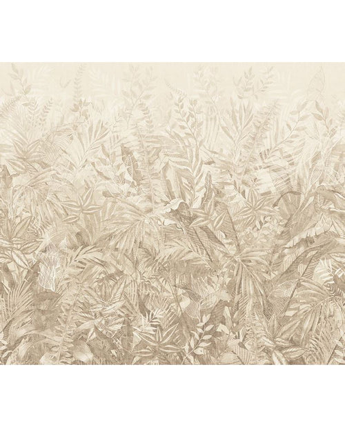 Botanical Grove wall mural by Eijffinger, dense fern and foliage panel in soft beige with a fading ombre effect