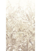 Botanical Grove wall mural by Eijffinger, leafy ferns and palms in light sandy beige tones, portrait crop