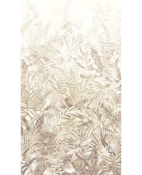 Botanical Grove wall mural by Eijffinger, leafy ferns and palms in light sandy beige tones, portrait crop