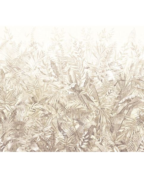 Botanical Grove wall mural by Eijffinger, wide panel of pale beige ferns fading into a soft cream sky