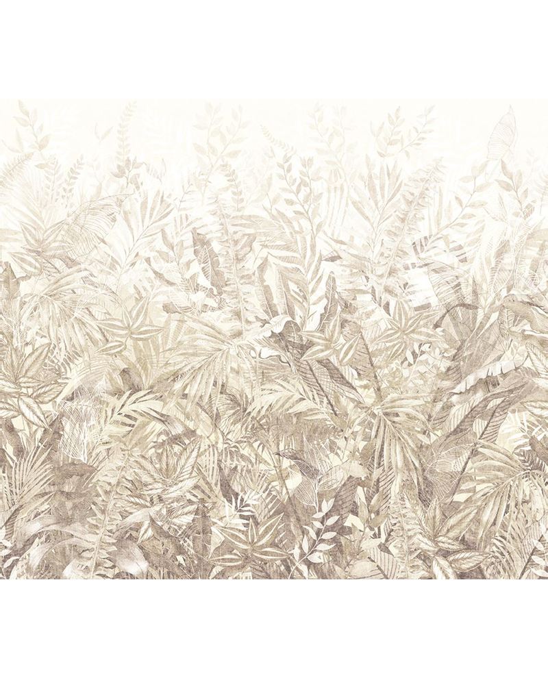 Botanical Grove wall mural by Eijffinger, wide panel of pale beige ferns fading into a soft cream sky