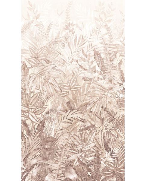 Botanical Grove wall mural by Eijffinger, layered ferns and palms in blush pink and dusty rose, portrait crop