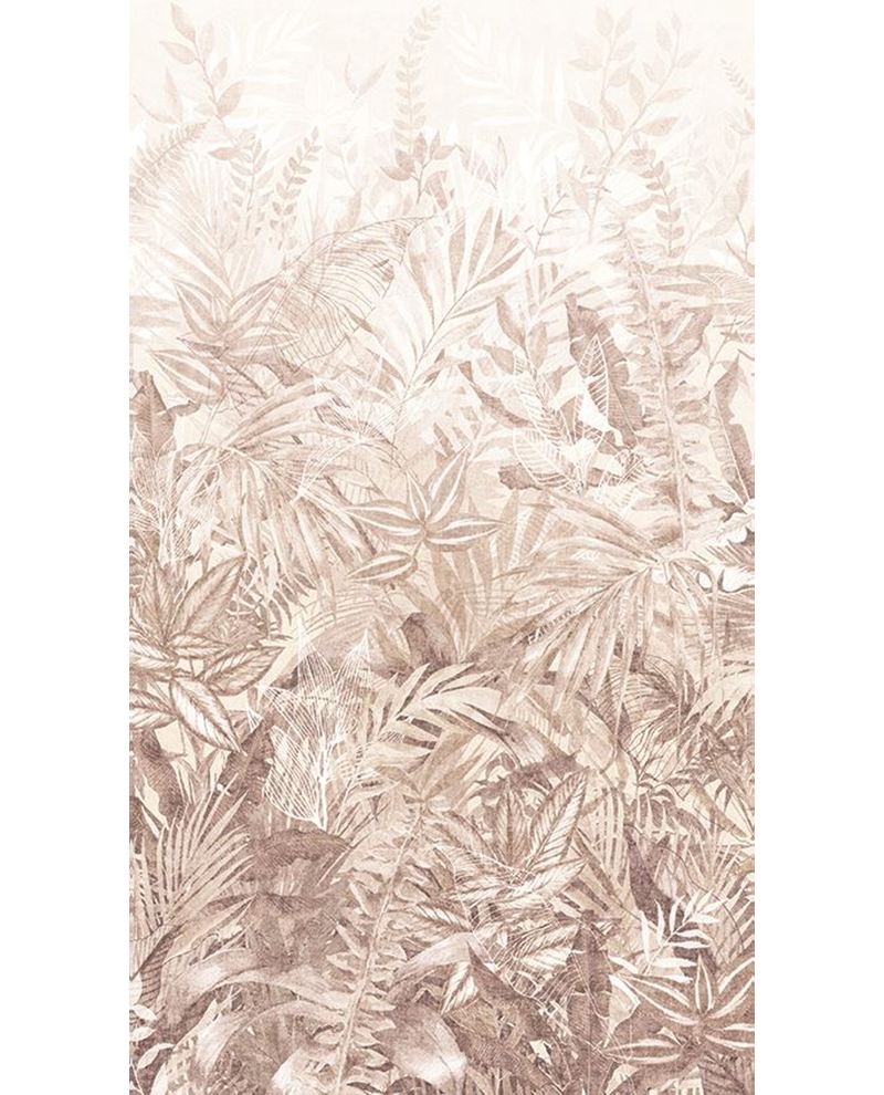 Botanical Grove wall mural by Eijffinger, layered ferns and palms in blush pink and dusty rose, portrait crop