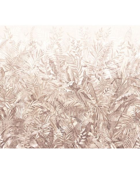 Botanical Grove wall mural by Eijffinger, wide panel of blush-pink ferns fading into a pale cream backdrop
