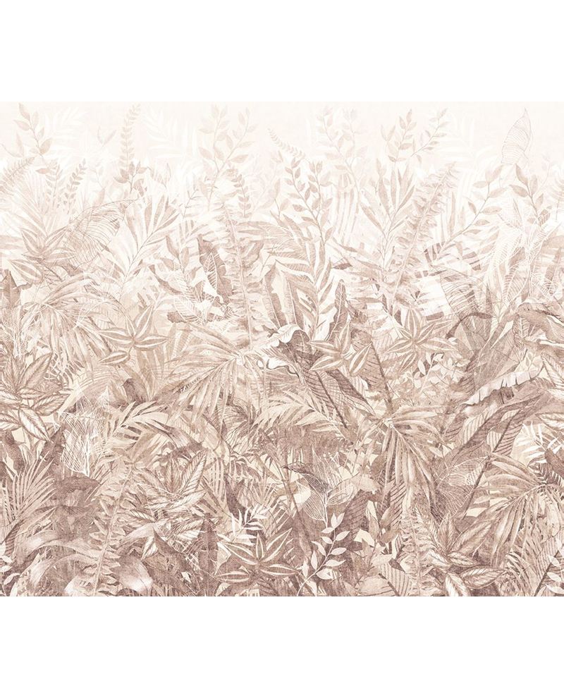 Botanical Grove wall mural by Eijffinger, wide panel of blush-pink ferns fading into a pale cream backdrop