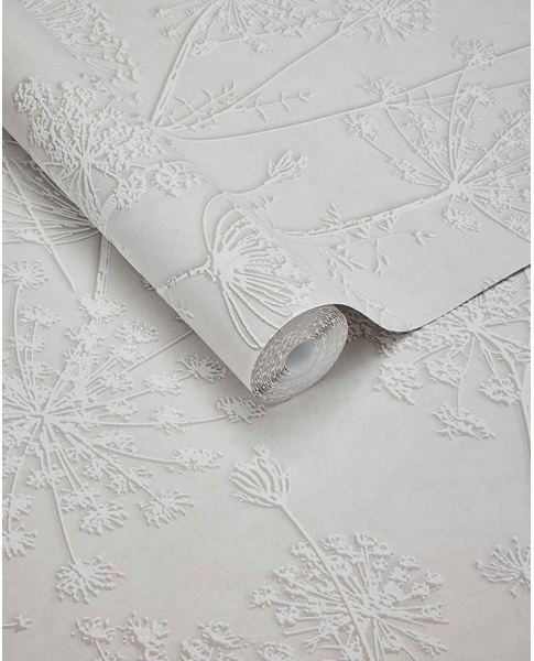 Cow Parsley wallpaper by Eijffinger, white embossed cow parsley seedheads on soft grey, partially unrolled roll