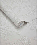 Cow Parsley wallpaper by Eijffinger, white embossed cow parsley seedheads on soft grey, partially unrolled roll