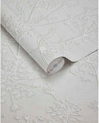 Cow Parsley wallpaper by Eijffinger, white embossed cow parsley seedheads on soft grey, partially unrolled roll