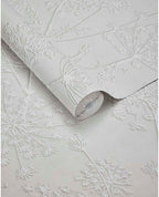 Cow Parsley wallpaper by Eijffinger, white embossed cow parsley seedheads on soft grey, partially unrolled roll