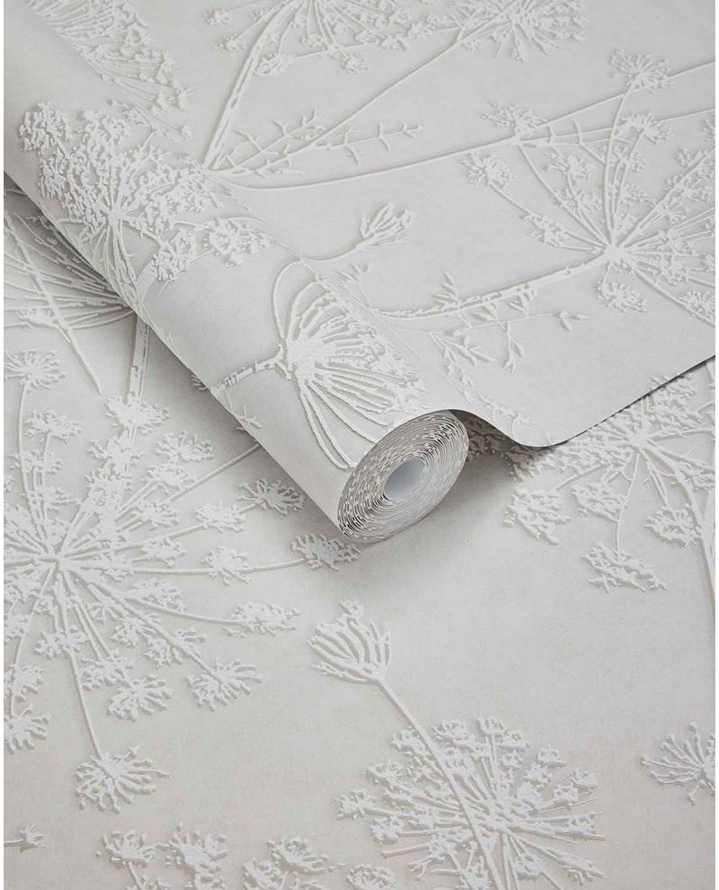 Cow Parsley wallpaper by Eijffinger, white embossed cow parsley seedheads on soft grey, partially unrolled roll