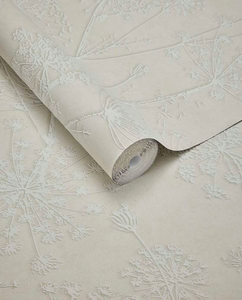 Cow Parsley wallpaper by Eijffinger, tonal cow parsley seedhead motif in pale sage cream, unrolled roll detail