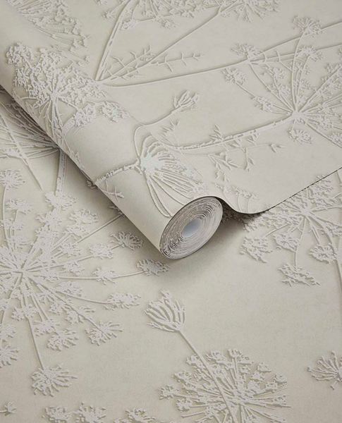 Cow Parsley wallpaper by Eijffinger, delicate seedhead design in soft ivory cream, partially unrolled roll swatch
