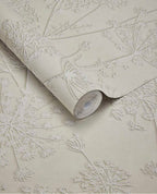 Cow Parsley wallpaper by Eijffinger, delicate seedhead design in soft ivory cream, partially unrolled roll swatch