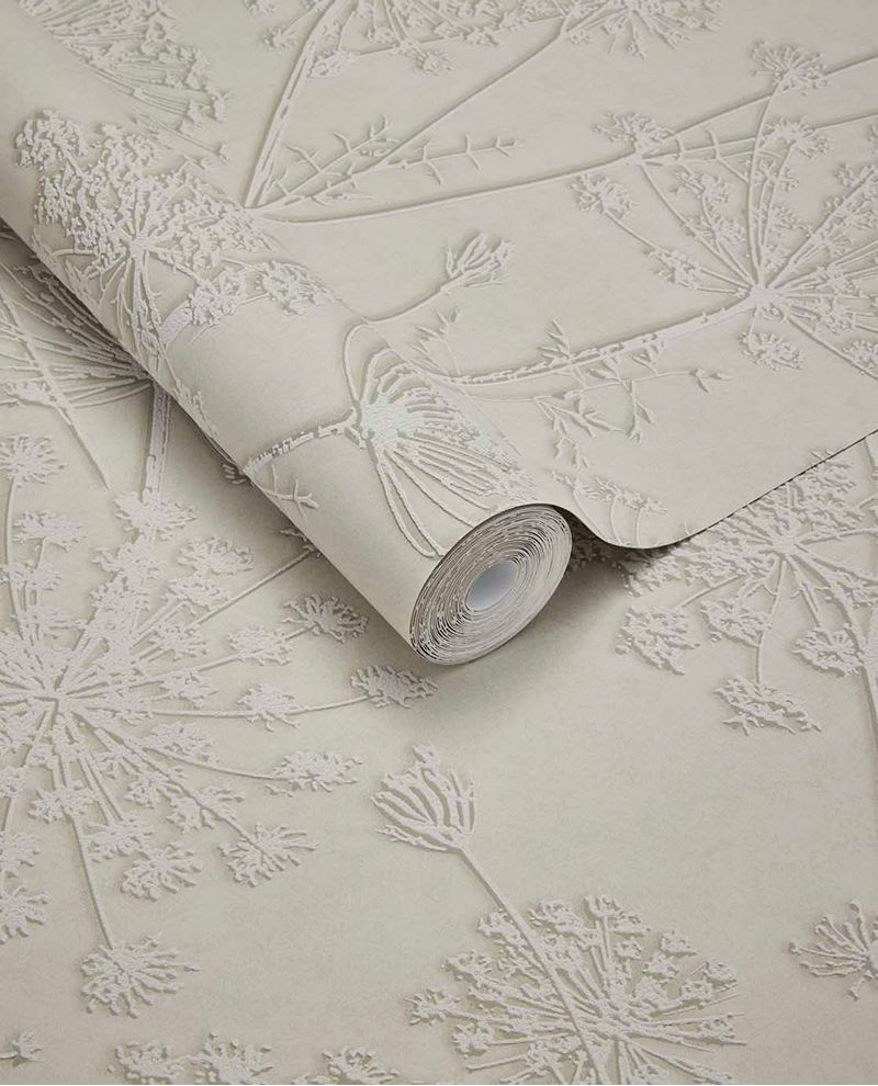 Cow Parsley wallpaper by Eijffinger, delicate seedhead design in soft ivory cream, partially unrolled roll swatch