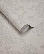 Cow Parsley wallpaper by Eijffinger, subtle cow parsley pattern in light dove grey, close-up of unrolled roll