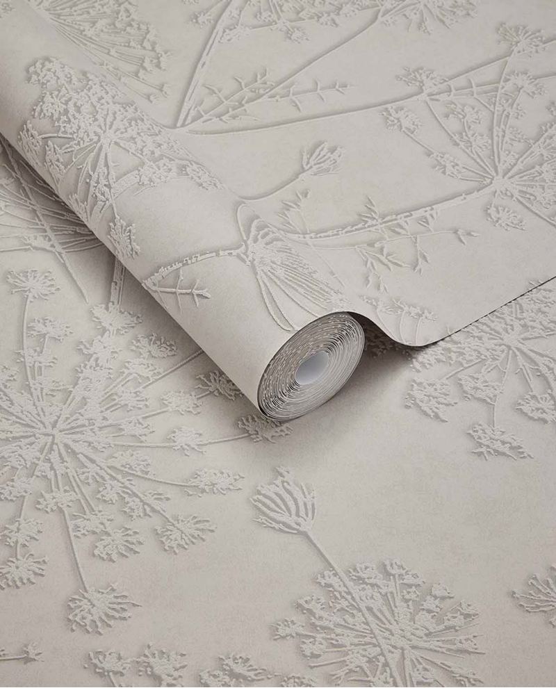 Cow Parsley wallpaper by Eijffinger, subtle cow parsley pattern in light dove grey, close-up of unrolled roll