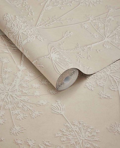 Cow Parsley wallpaper by Eijffinger, embossed seedhead silhouettes in warm taupe beige, partially unrolled roll
