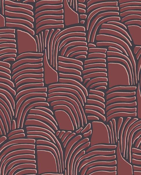 Dune Arch wallpaper by Eijffinger in deep brick red on charcoal, layered arch dune pattern, flat swatch close-up